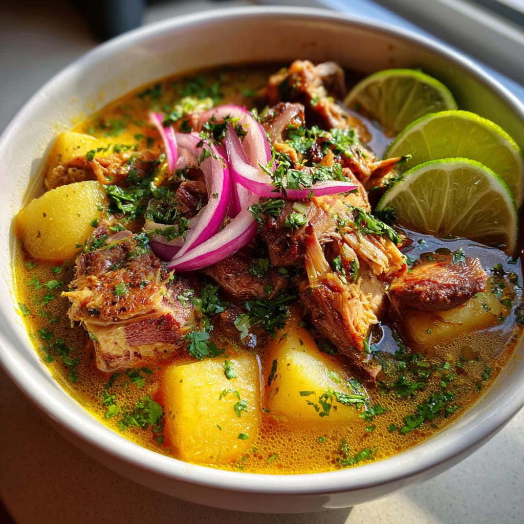 Tazón de seco de chivo con papas, cebolla morada y rodajas de limón, receta ecuatoriana fácil