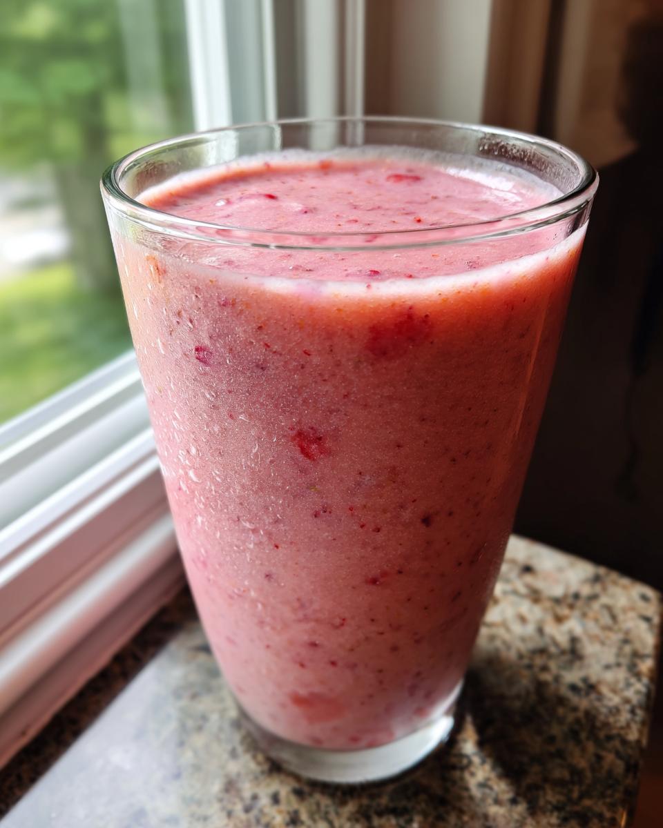 Vaso lleno de smoothie saludable rosa con trozos de frutas frescas.