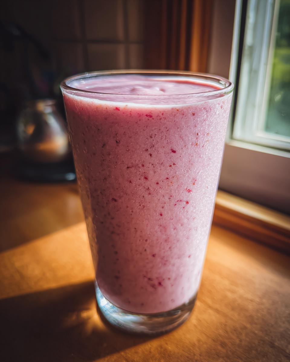 Vaso con smoothie rosa cremoso junto a una ventana con luz natural.