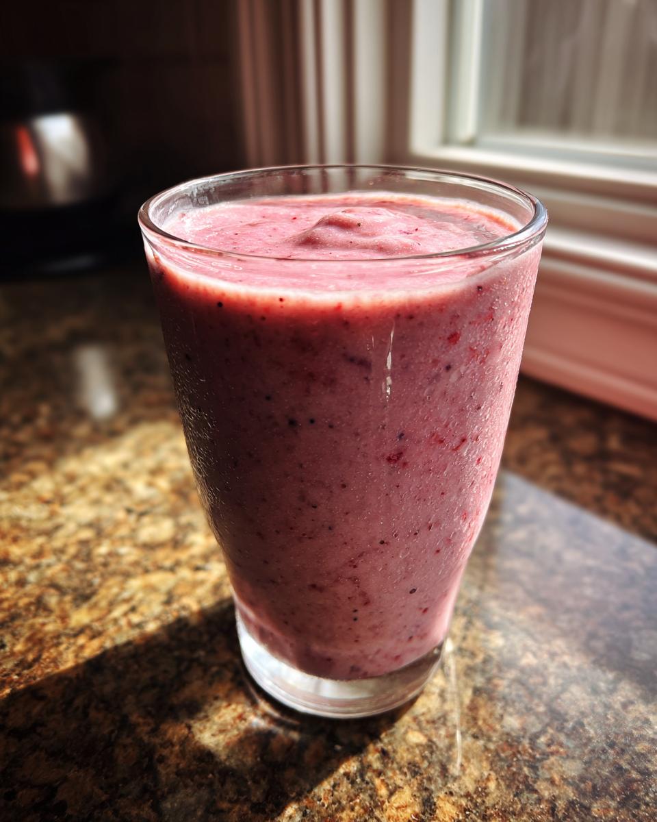 Vaso con smoothie saludable de color rosa sobre mesa de granito cerca de ventana