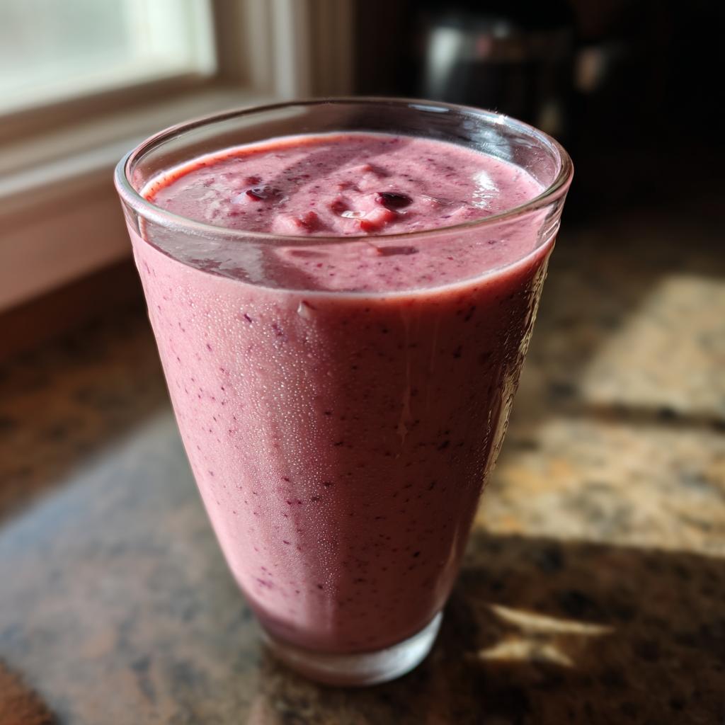 Vaso con smoothie saludable de frutos rojos de color rosa sobre mesa.