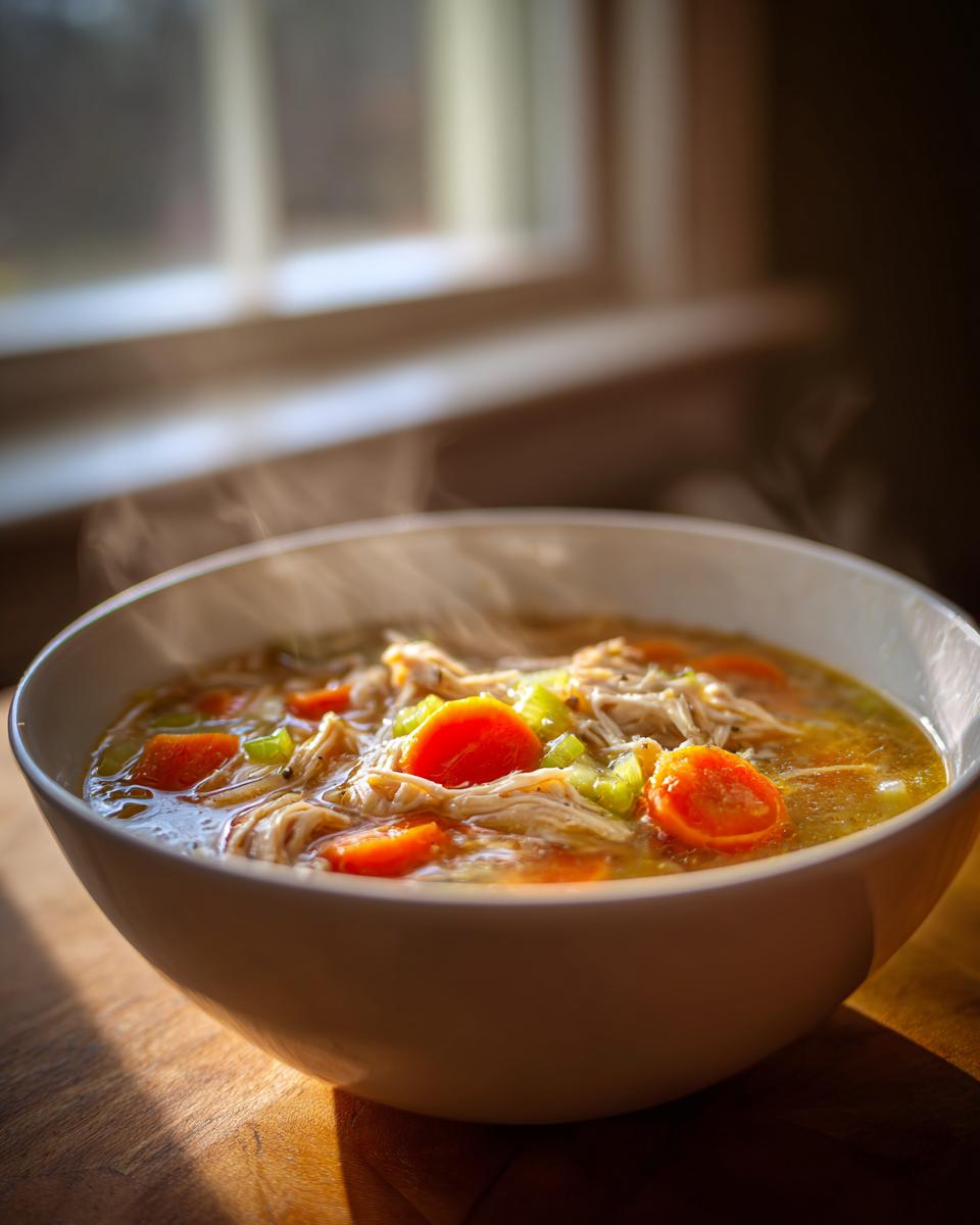 Tazón de sopa casera latina con pollo desmenuzado, zanahorias y apio, humeante y apetecible.