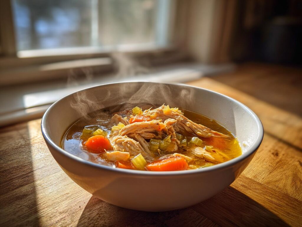 Sopa casera latina caliente con pollo desmenuzado, zanahorias y apio en un tazón blanco.