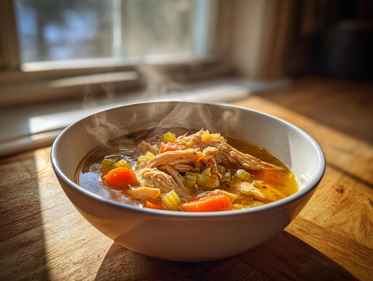 Sopa casera latina caliente con pollo desmenuzado, zanahorias y apio en un tazón blanco.