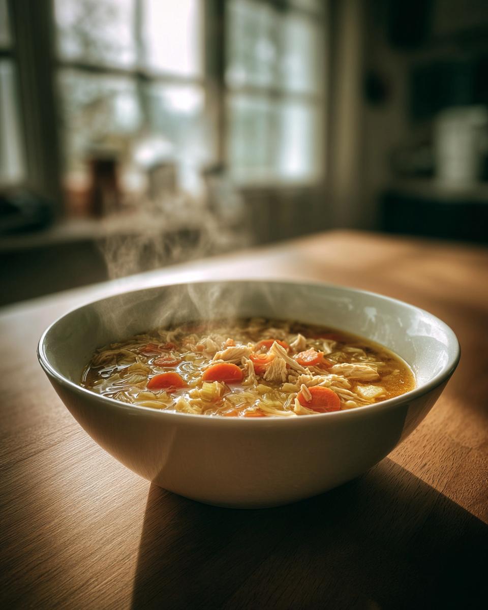 Tazón hondo con sopa casera caliente con pollo, zanahorias y verduras frescas