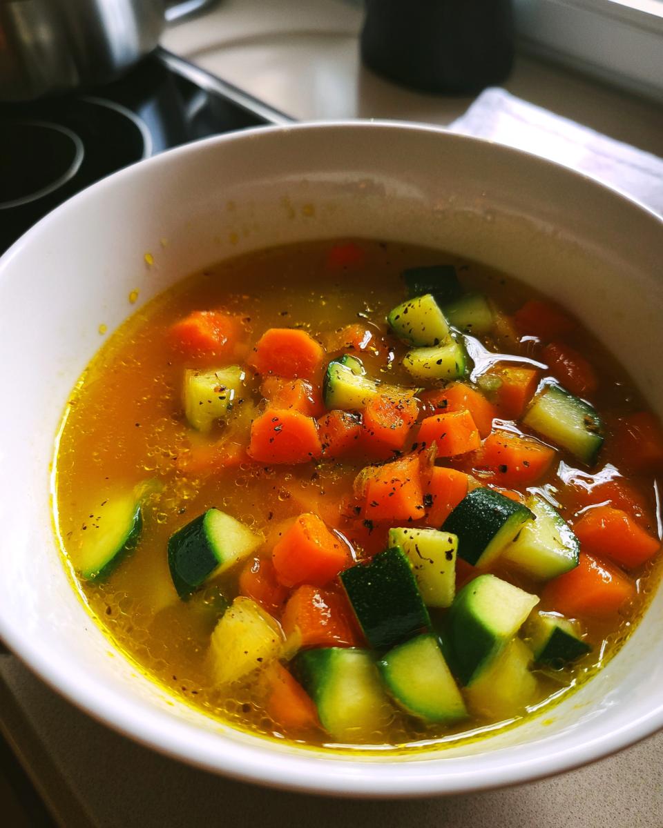 Tazón blanco con sopa de verduras con zanahorias y calabacín en caldo