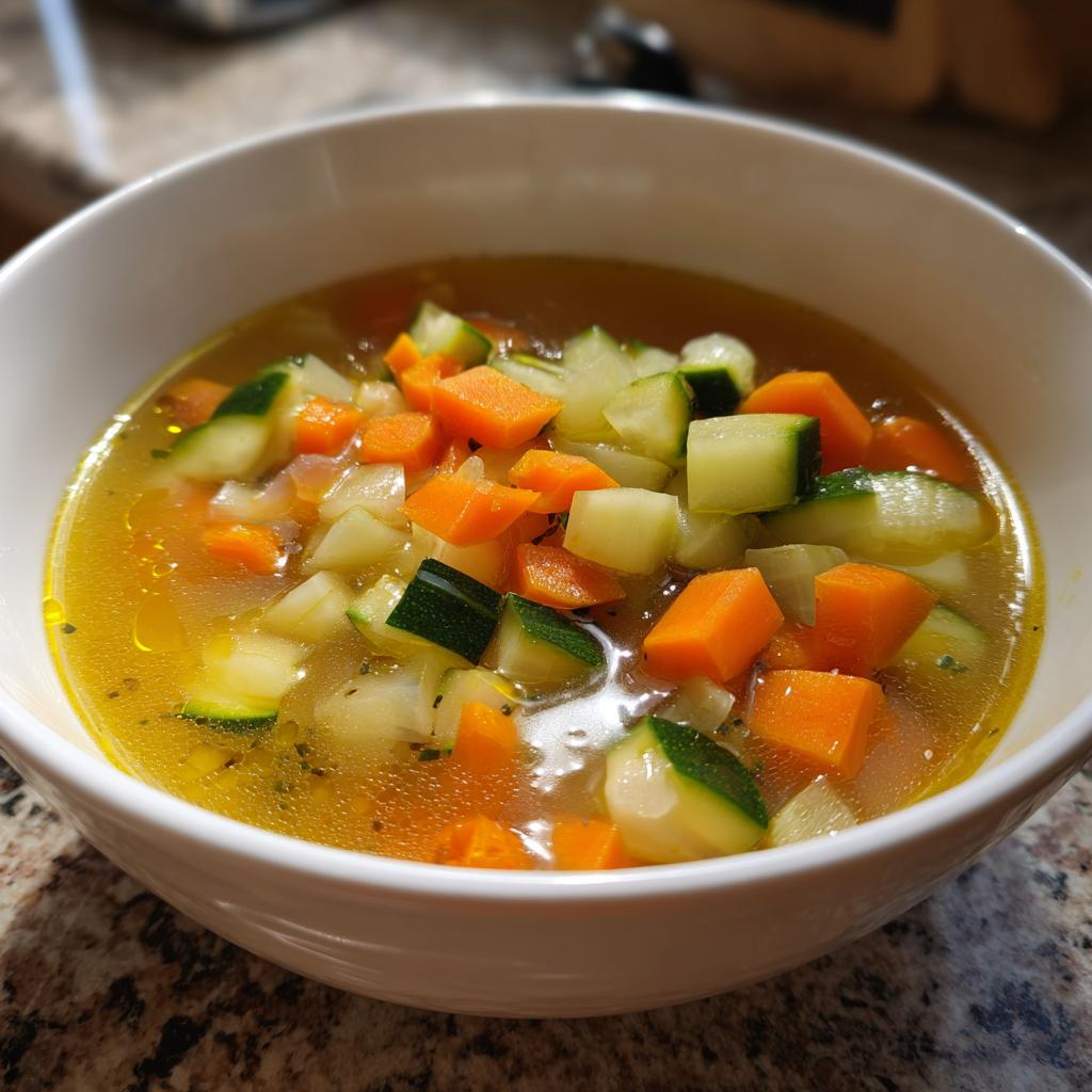 Sopa de verduras con zanahorias, calabacín y cebolla en caldo claro en un bowl blanco