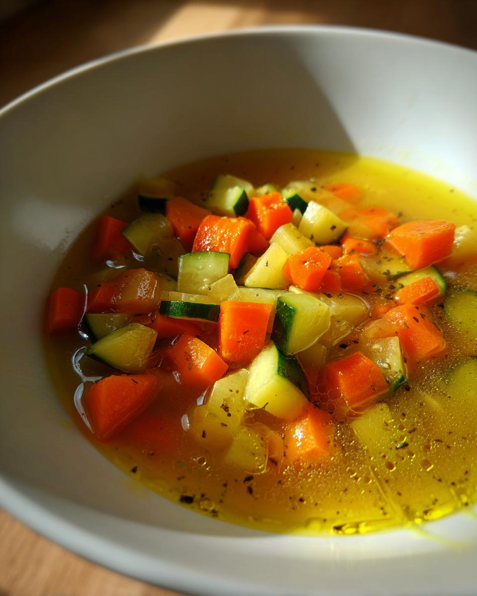 Sopa de verduras con zanahorias y calabacín en un plato blanco