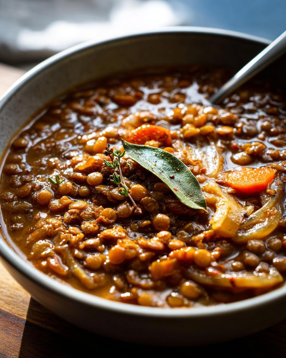 Tazón de sopa de lentejas casera con zanahorias, cebolla y hojas de laurel.
