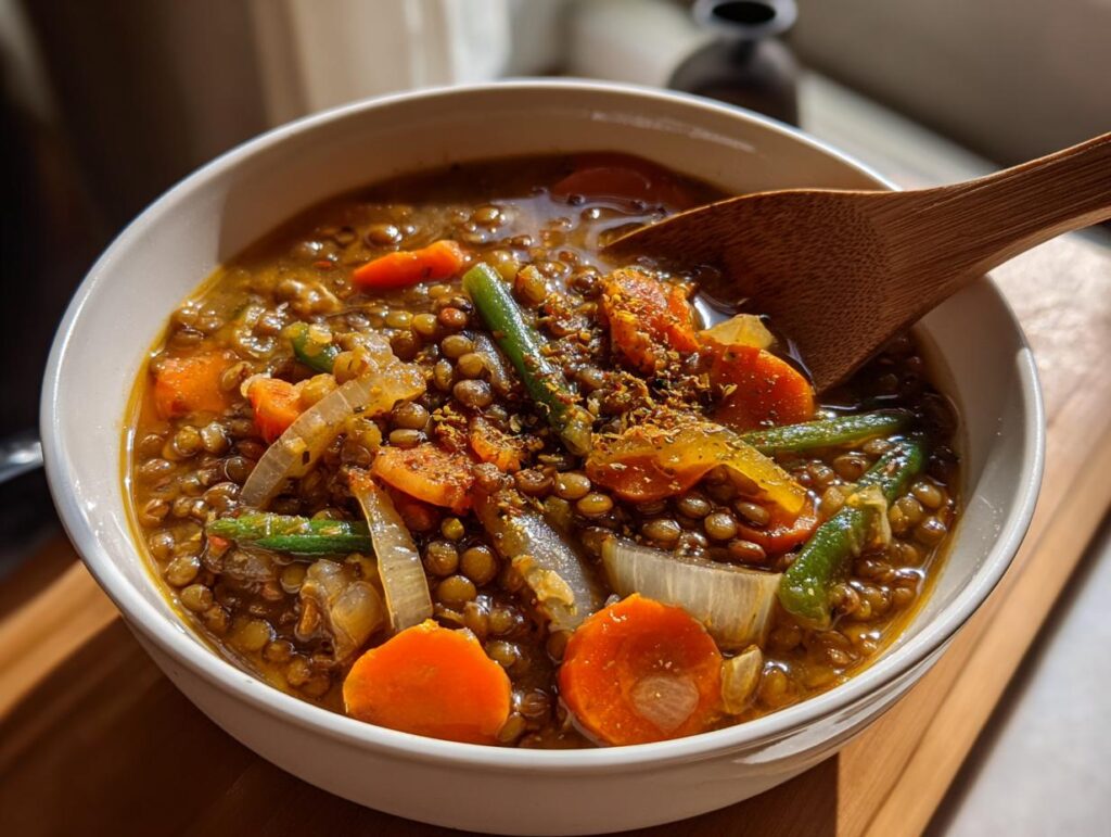 Bowl blanco con sopa de lentejas con zanahorias, cebolla y judías verdes, cuchara de madera.