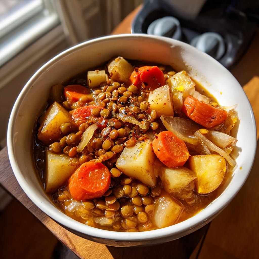 Tazón de sopa de lentejas con zanahorias, papas y cebolla, ideal para recetas de Cuaresma sin carne