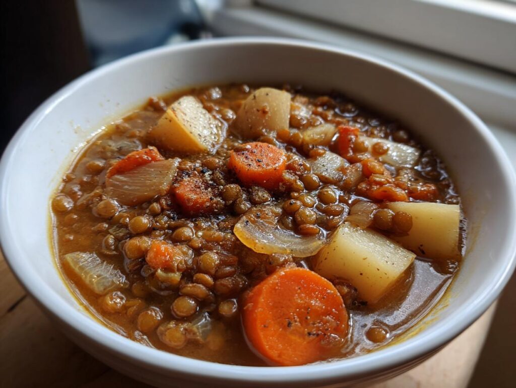 Tazón blanco con sopa de lentejas y verduras, ideal para recetas de Cuaresma sin carne