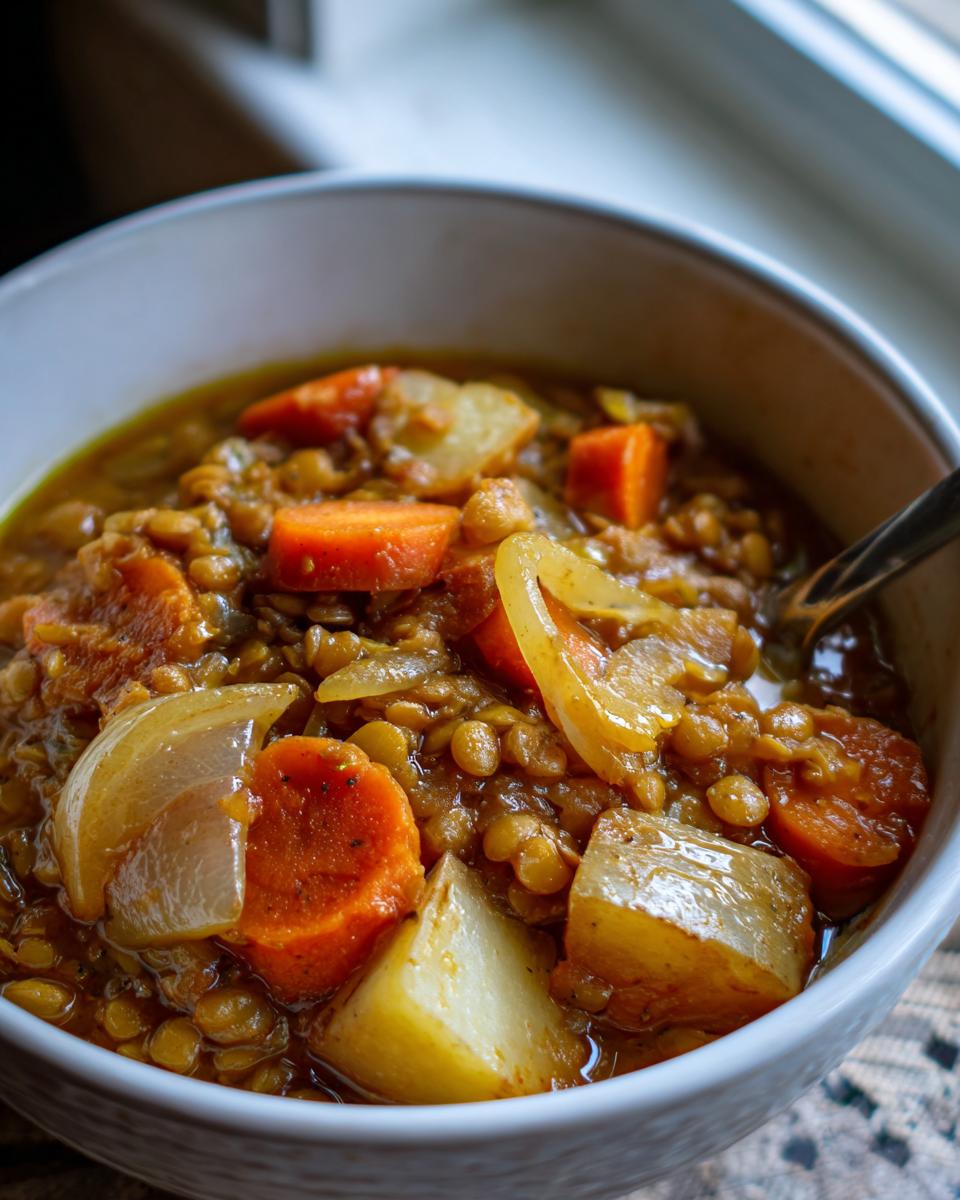Tazón de sopa de lentejas con zanahorias, papas y cebolla, ideal para recetas de Cuaresma sin carne