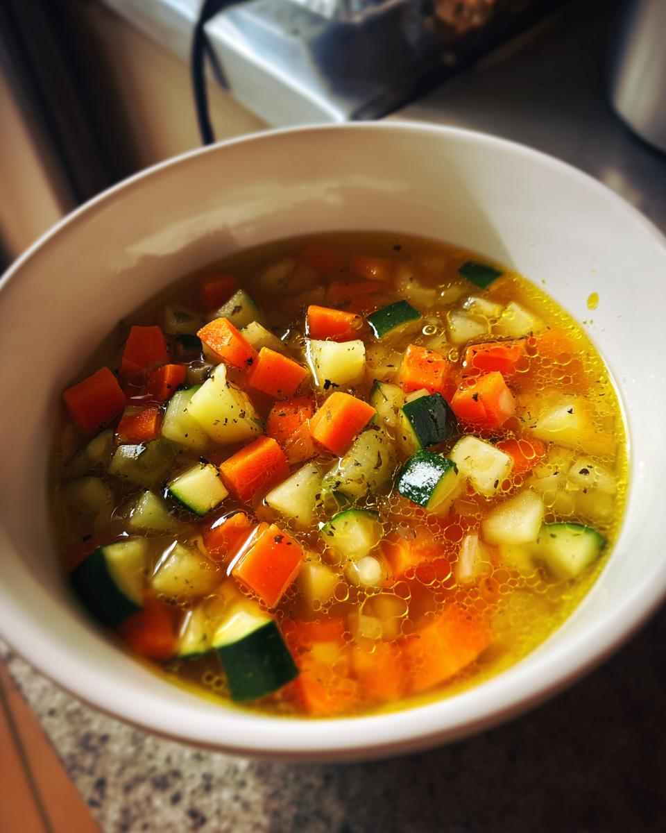 Tazón blanco con sopa de verduras con zanahorias, calabacín y papas en caldo claro.
