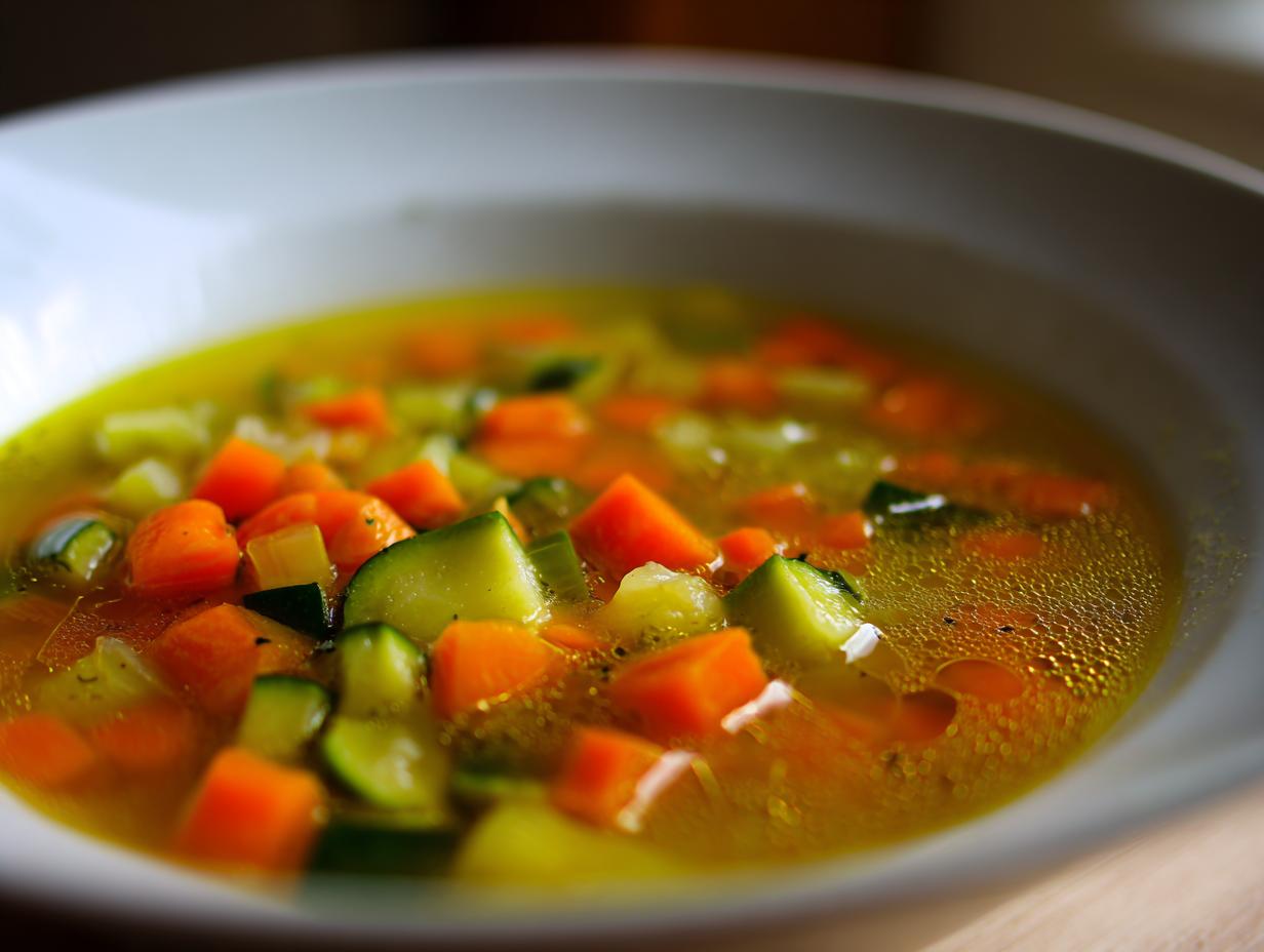 Sopa de verduras con zanahorias y calabacín en caldo claro en un plato blanco.