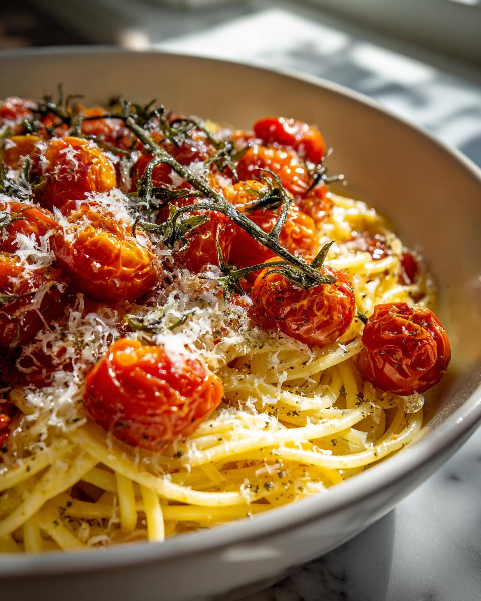 Plato de spaghetti con tomates cherry asados y queso rallado encima en un bol blanco.