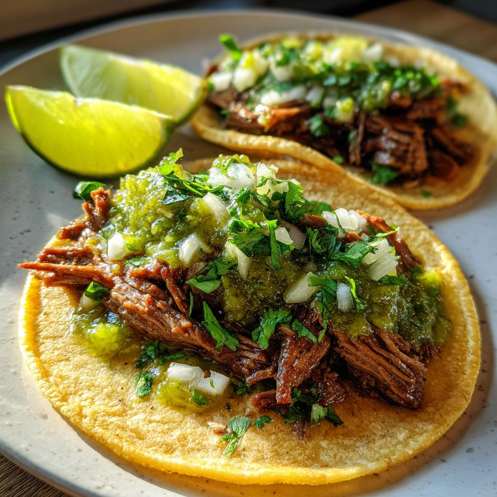 Tacos mexicanos auténticos con carne deshebrada, cebolla, cilantro y salsa verde en tortillas de maíz.