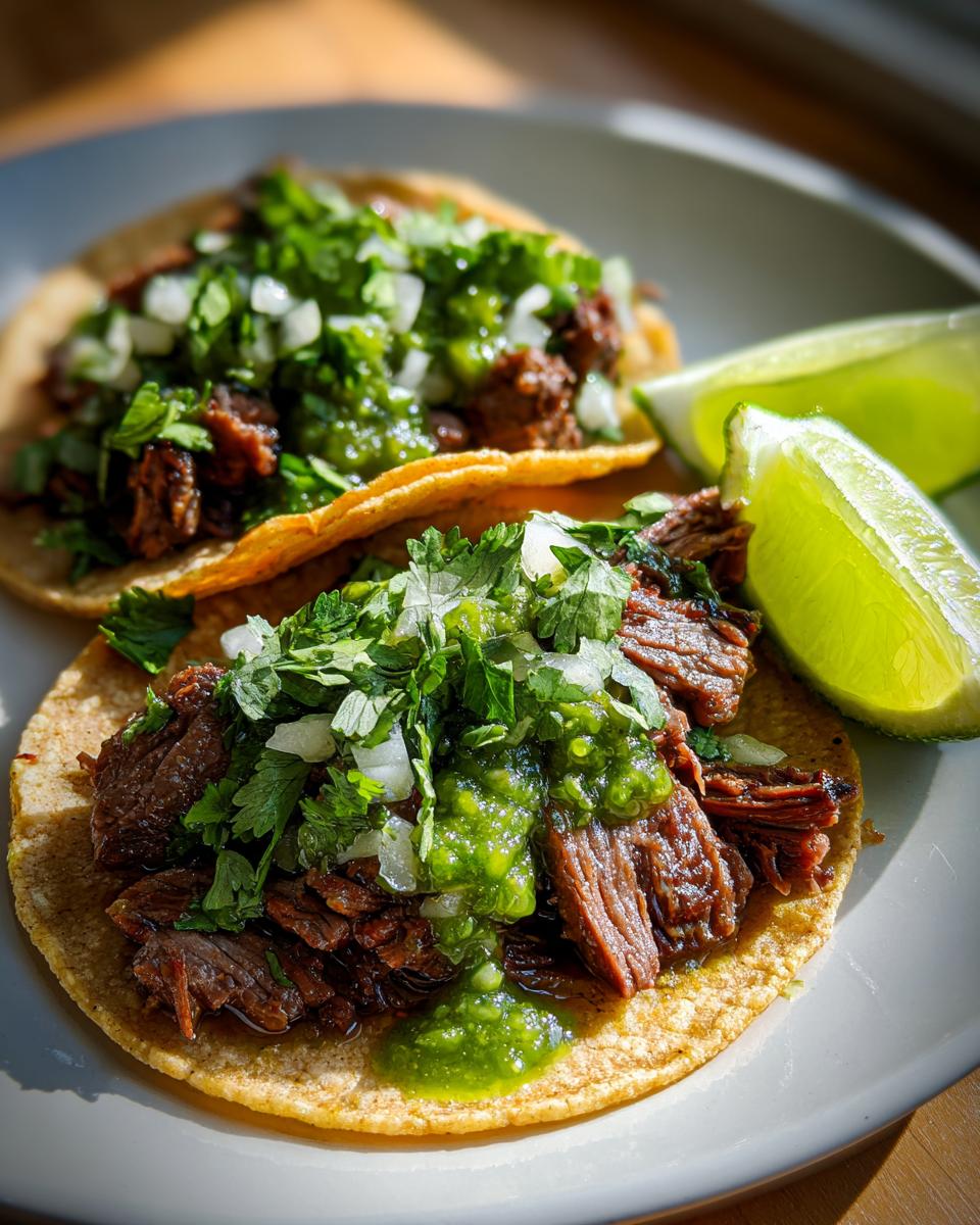 Dos tacos mexicanos auténticos con carne asada, cilantro, cebolla y salsa verde, acompañados de limones.