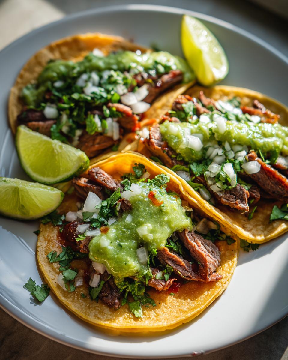 Tres tacos mexicanos auténticos con carne, cebolla, cilantro y salsa verde en plato blanco