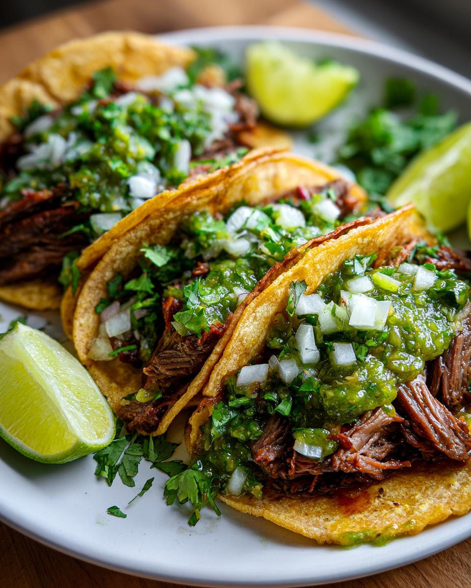 Tacos mexicanos auténticos con carne deshebrada, cebolla, cilantro y salsa verde en tortillas de maíz