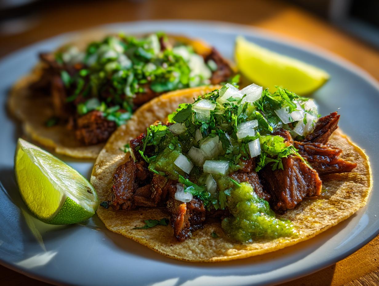 Tacos mexicanos auténticos con carne, cebolla, cilantro y salsa verde en tortilla de maíz