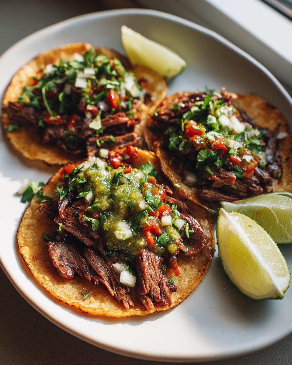 Tres tacos mexicanos auténticos con carne deshebrada, cebolla, cilantro y salsa sobre tortillas de maíz con rodajas de limón