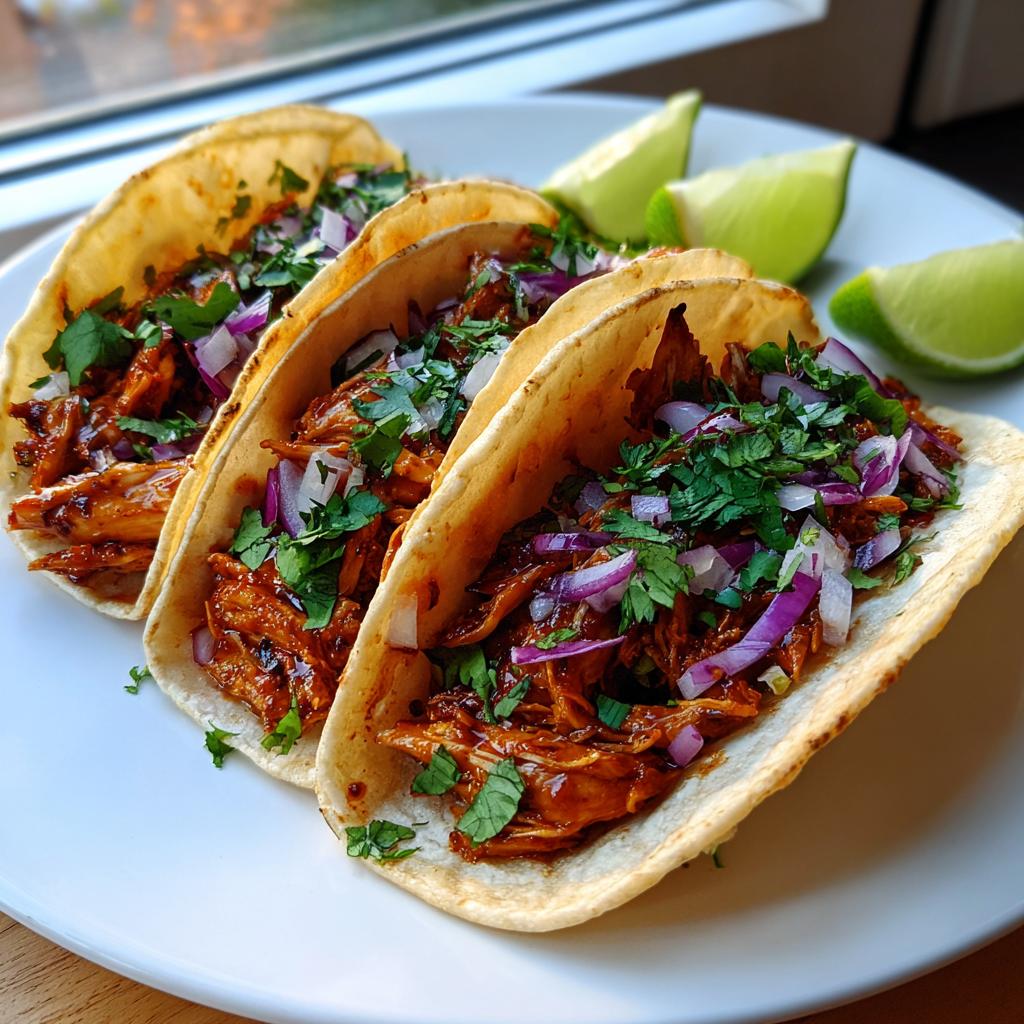 Tres tacos de pollo con cebolla morada y cilantro en tortillas de maíz con limones al lado