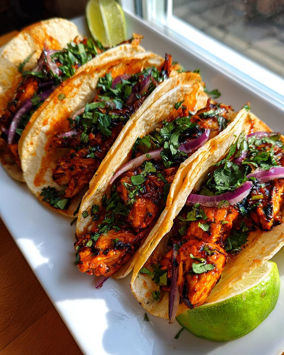 Tacos de pollo con cilantro y cebolla morada en tortillas de maíz con limón