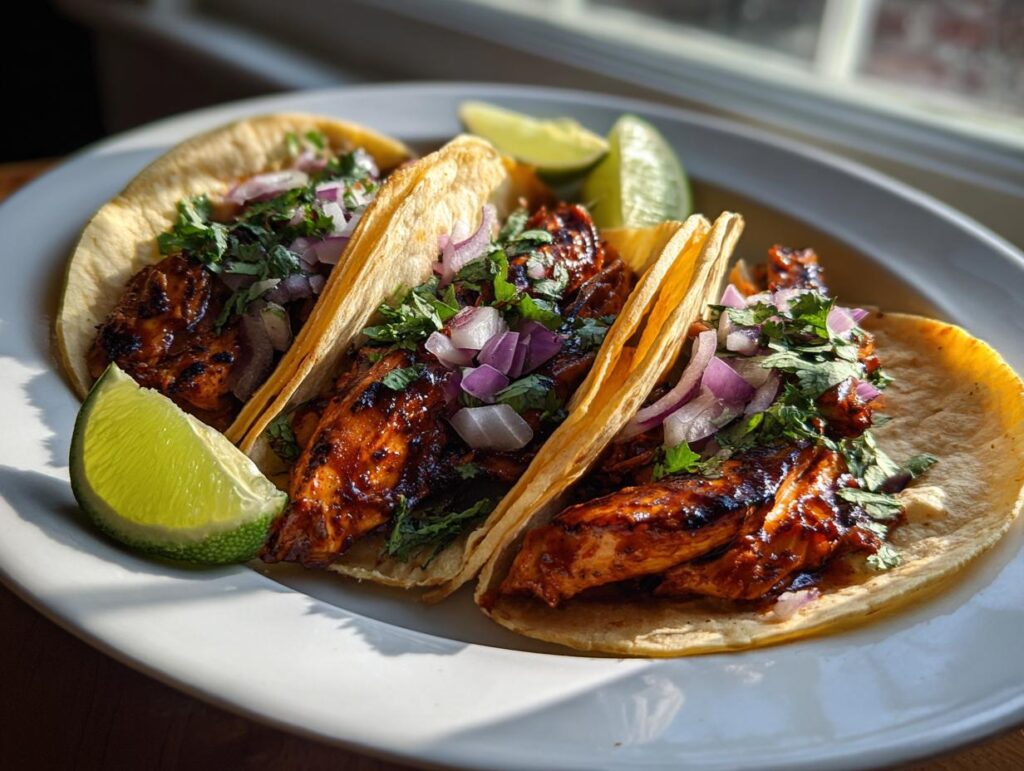 Tres tacos de pollo a la parrilla con cebolla y cilantro en tortillas de maíz con rodajas de limón