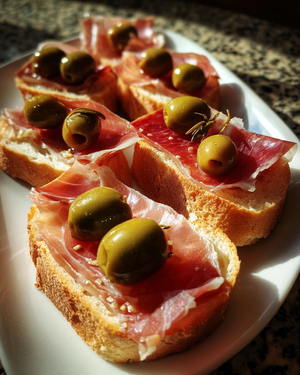 Rebanadas de pan con jamón y aceitunas verdes, tapas españolas fáciles para picar