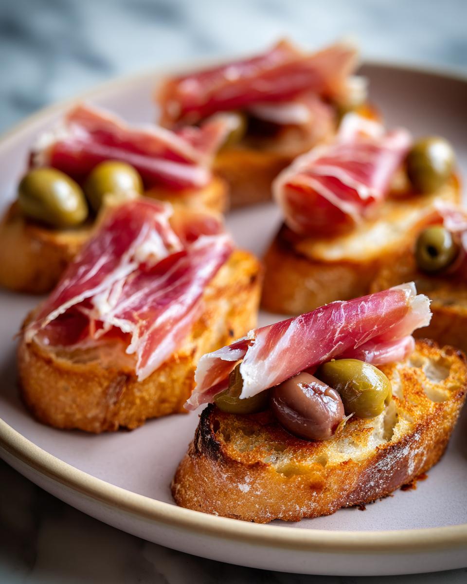 Tostas con jamón y aceitunas verdes y negras, tapas españolas fáciles para picar en plato beige