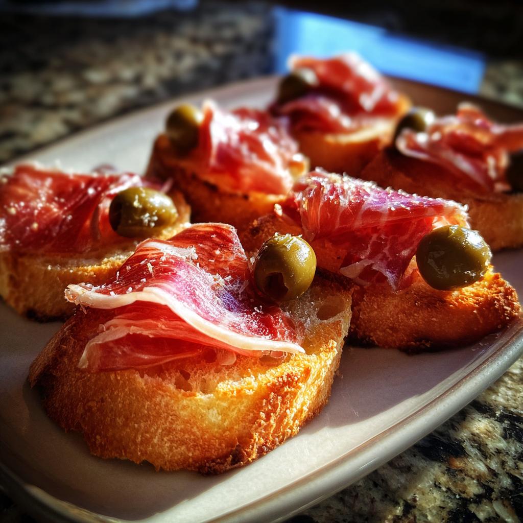 Tostas con jamón y aceitunas verdes, tapas españolas fáciles para picar en plato blanco