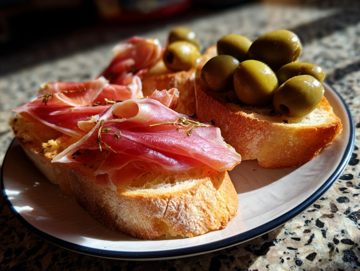 Rebanadas de pan con jamón y aceitunas verdes, tapas españolas fáciles para picar.