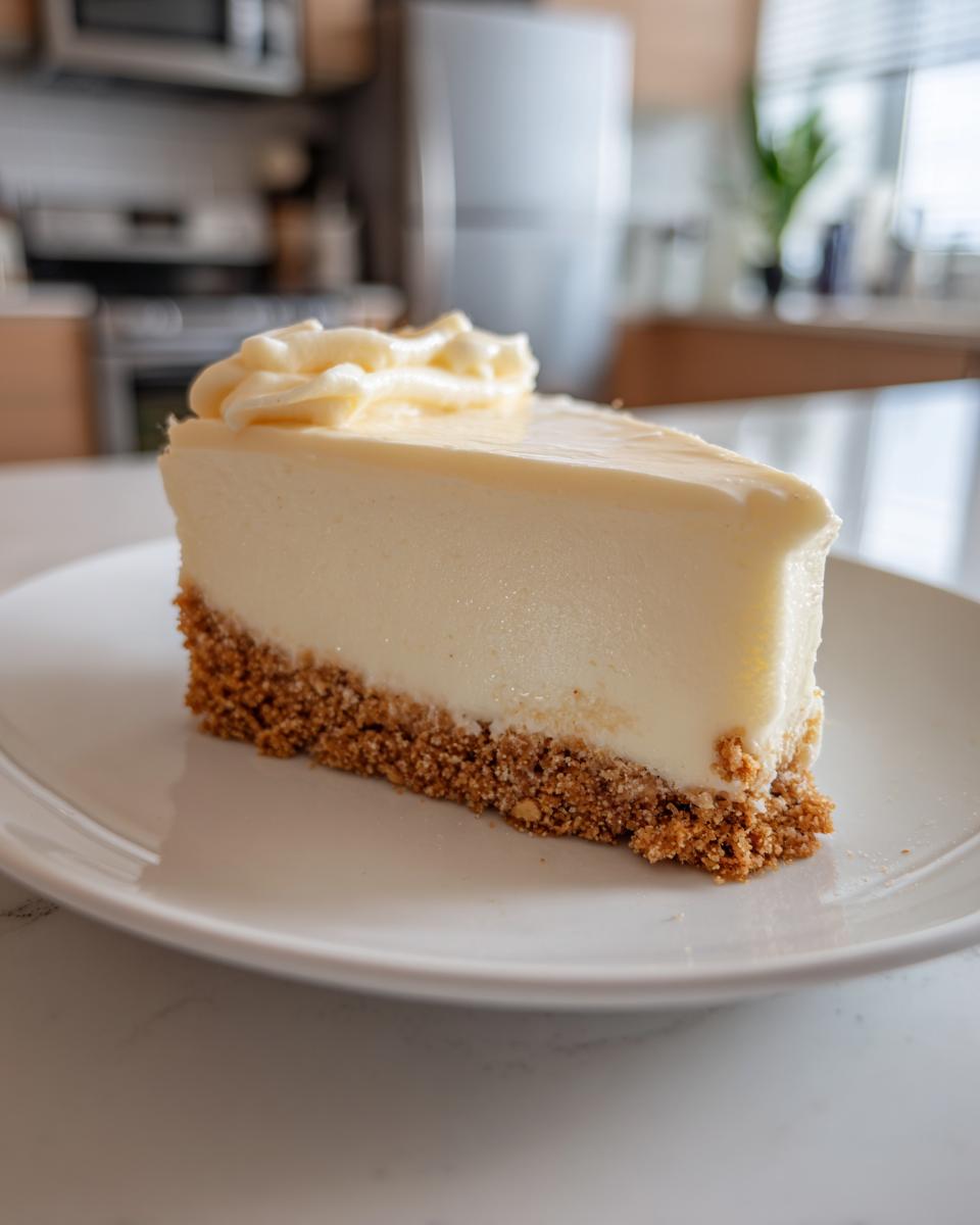 Rebanada de tarta fría con base de galleta y crema suave, ideal para postres sin horno para días calurosos