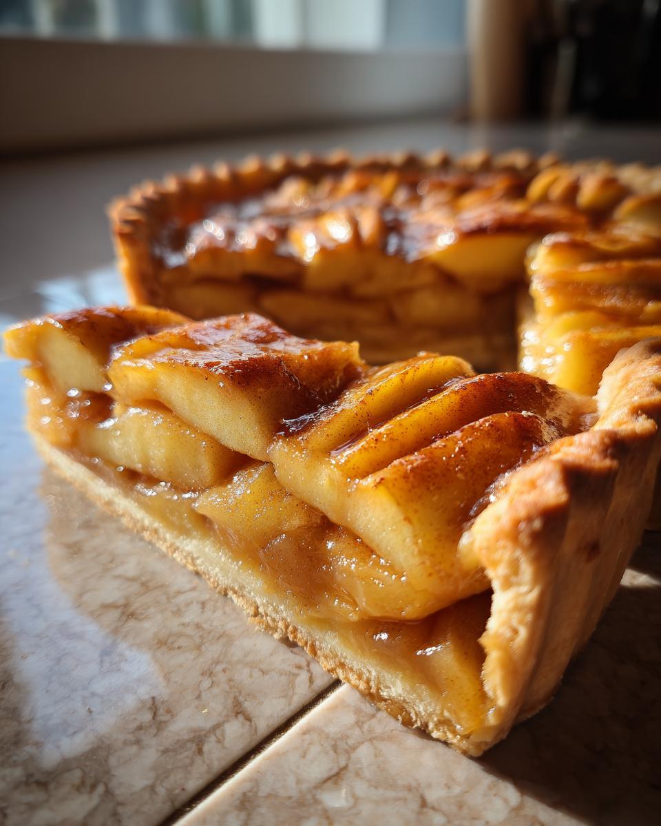 Primer plano de una rebanada de tarta de manzana casera con canela y masa dorada