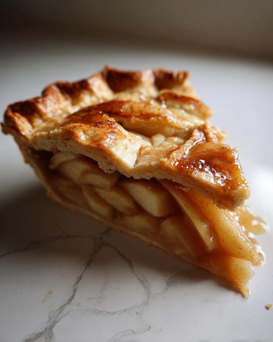 Porción de tarta de manzana casera con manzanas en capas y corteza dorada