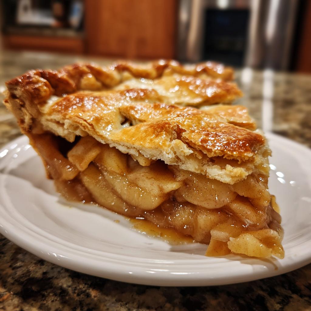 Porción de tarta de manzana casera con relleno jugoso y masa dorada en un plato blanco