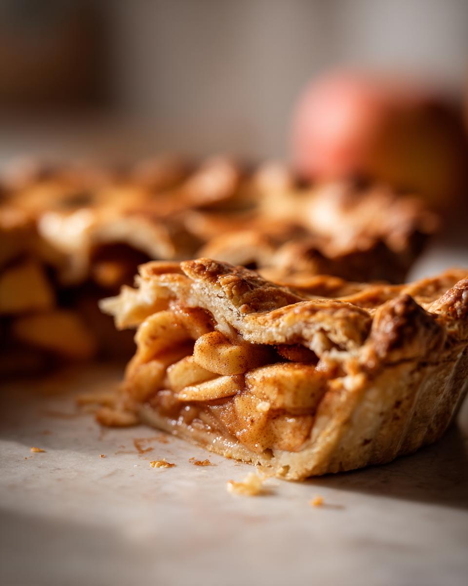 Porción de tarta de manzana casera con manzanas y canela en corte cercano