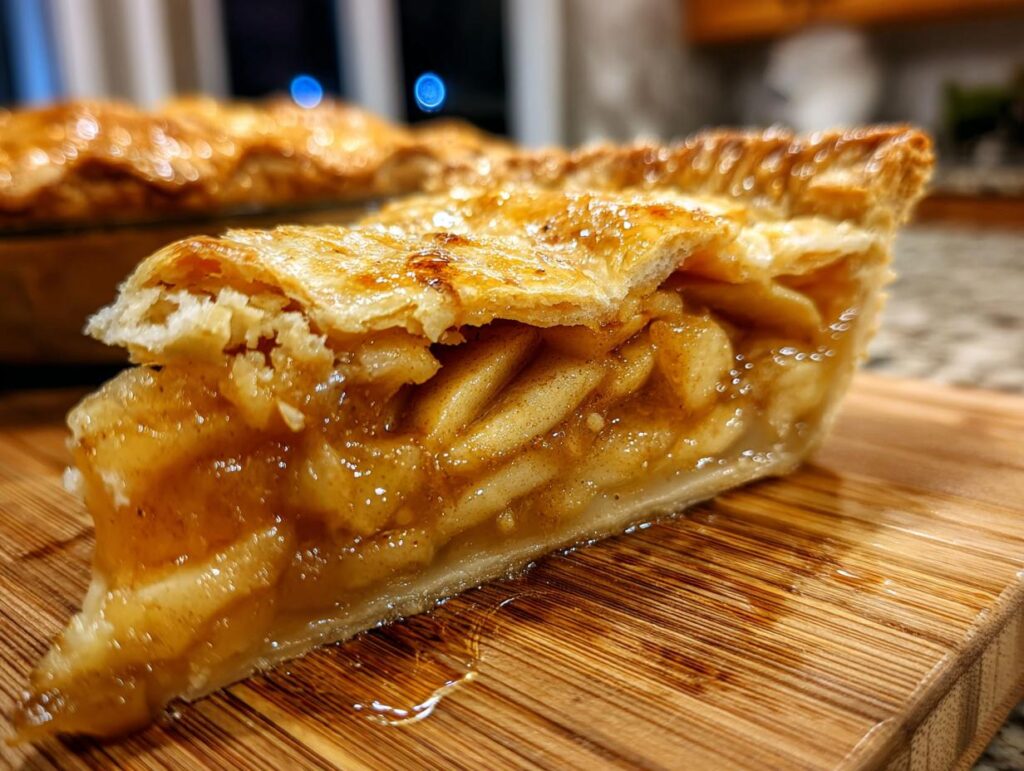 Rebanada de tarta de manzana casera con relleno jugoso y masa dorada sobre tabla de madera