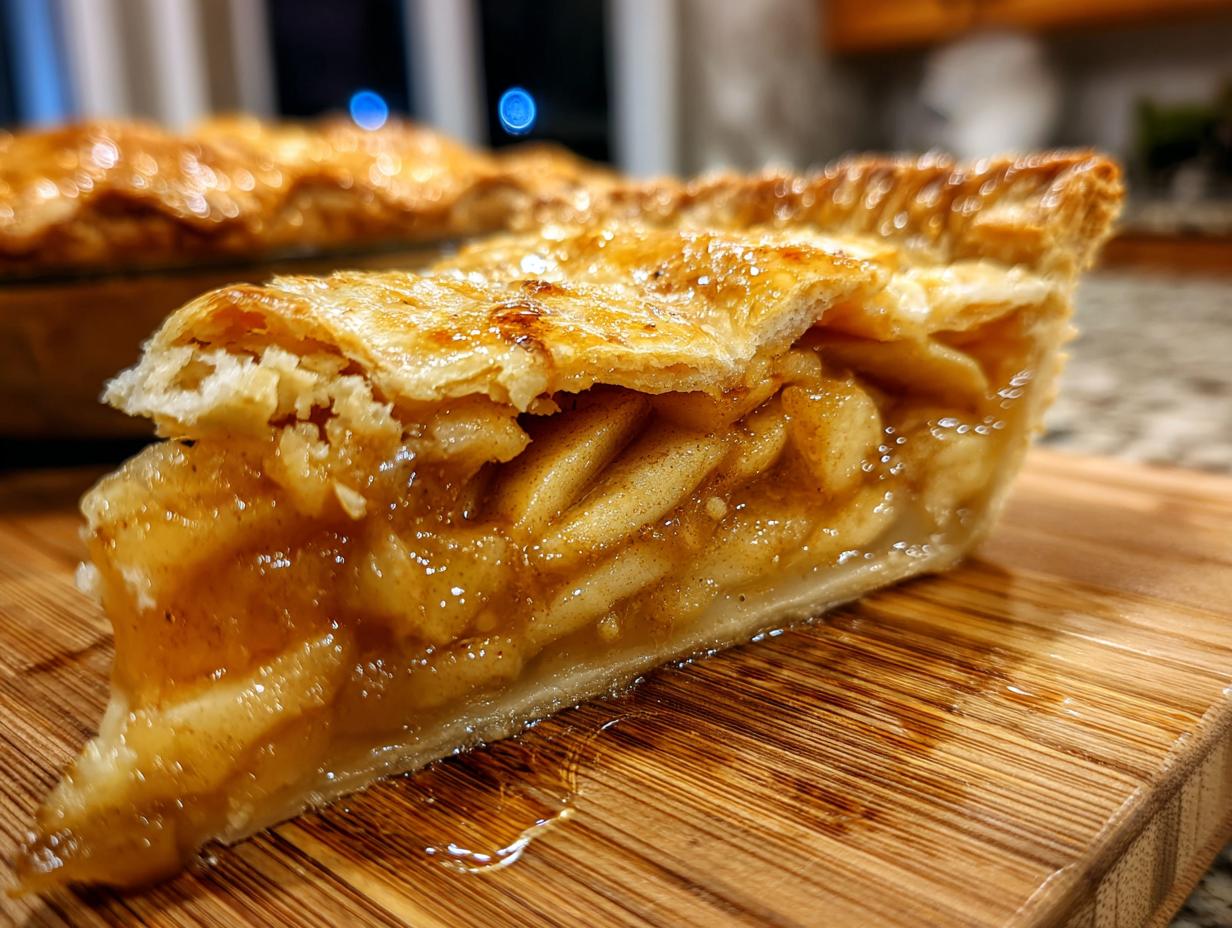 Rebanada de tarta de manzana casera con relleno jugoso y masa dorada sobre tabla de madera