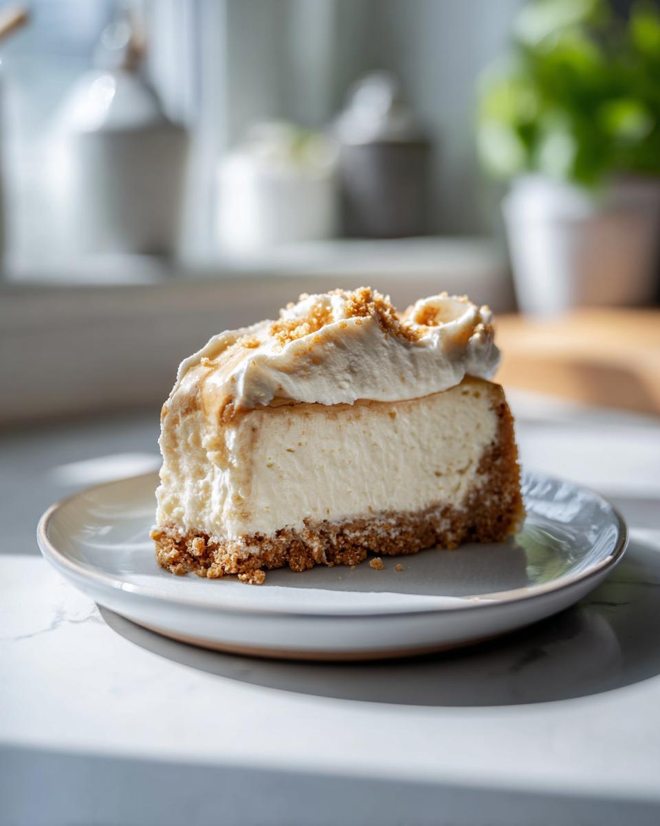 Porción de tarta de queso al horno viral con base de galleta y crema en plato blanco