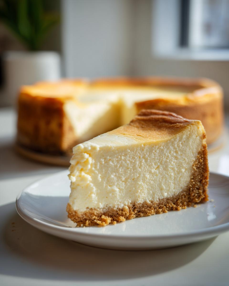 Porción de tarta de queso al horno viral con base de galleta en plato blanco