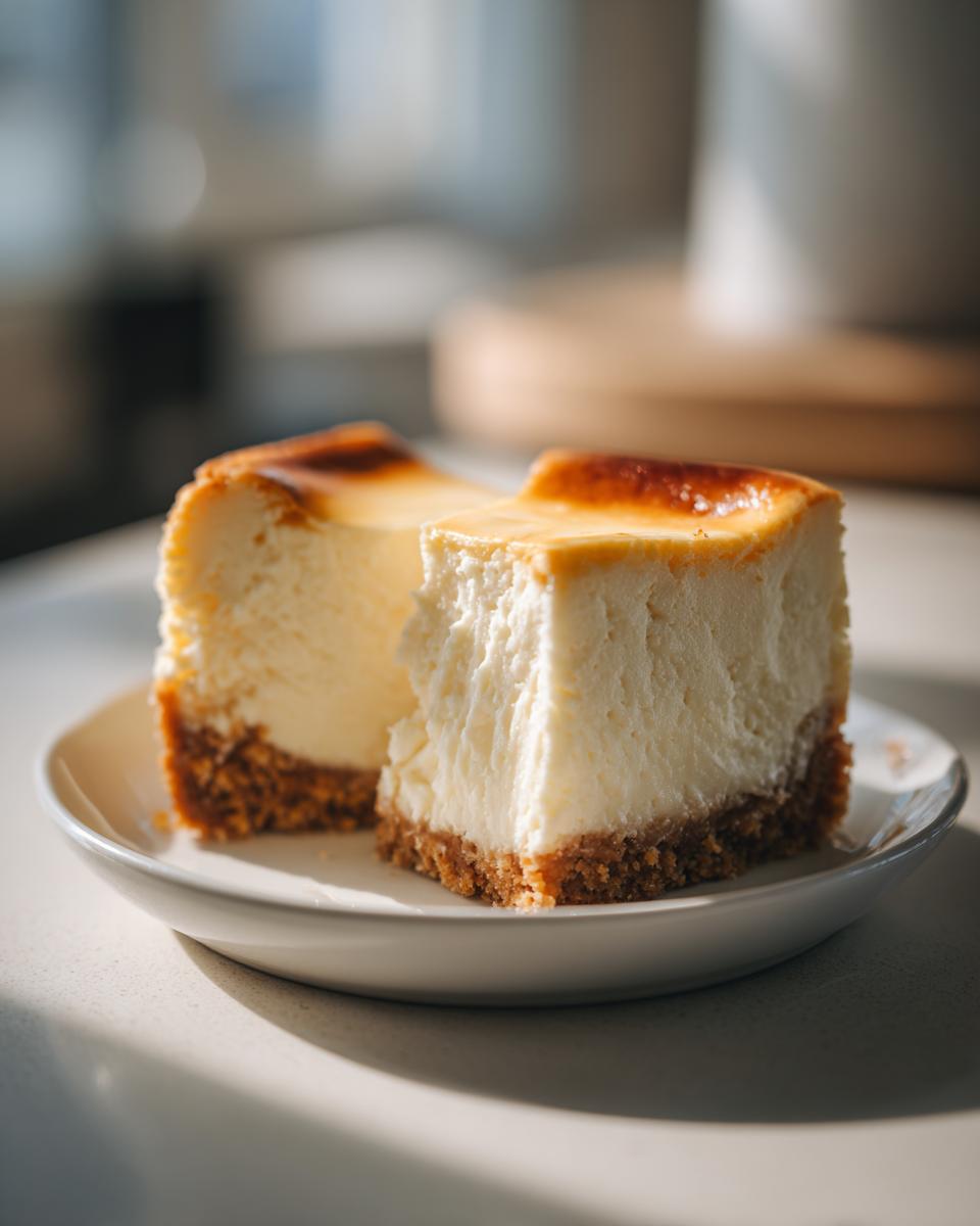 Dos porciones de tarta de queso al horno viral con base de galleta en un plato blanco.