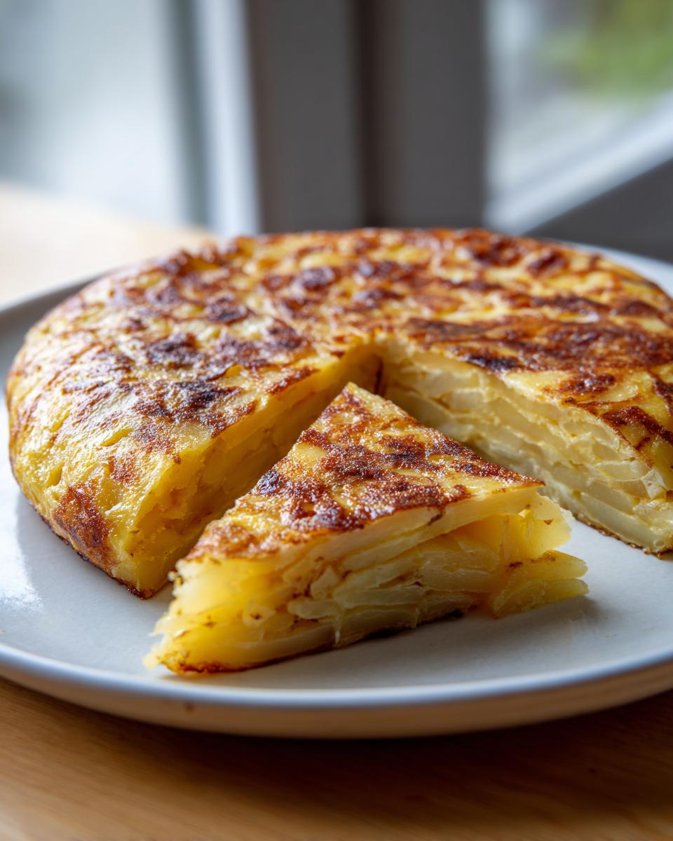 Tortilla de patatas receta tradicional con una porción cortada en un plato blanco