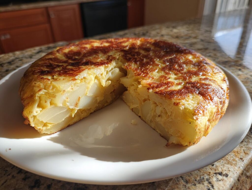Tortilla de patatas receta tradicional con una porción cortada en un plato blanco