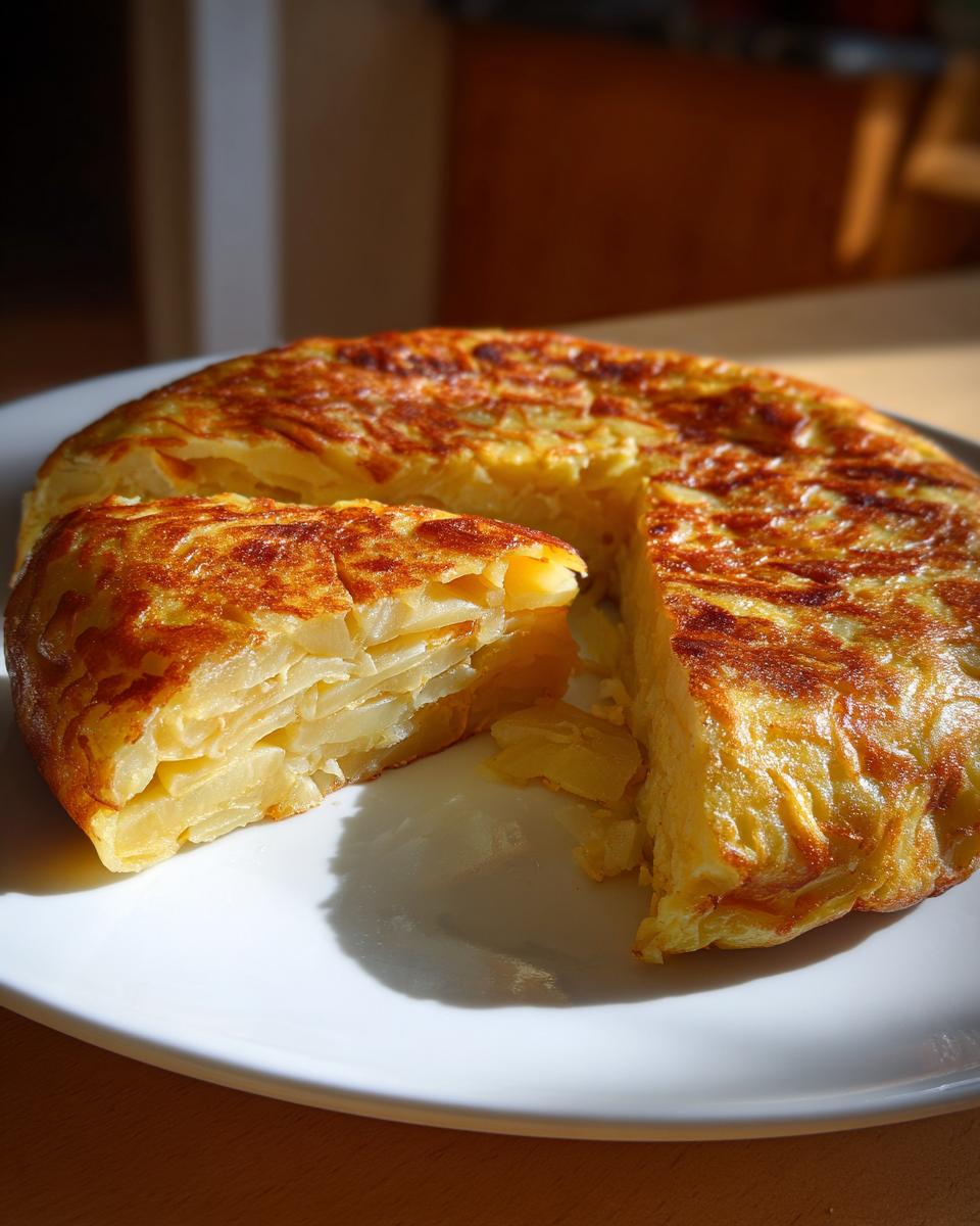 Tortilla de patatas receta tradicional con un trozo cortado mostrando capas de patata y huevo