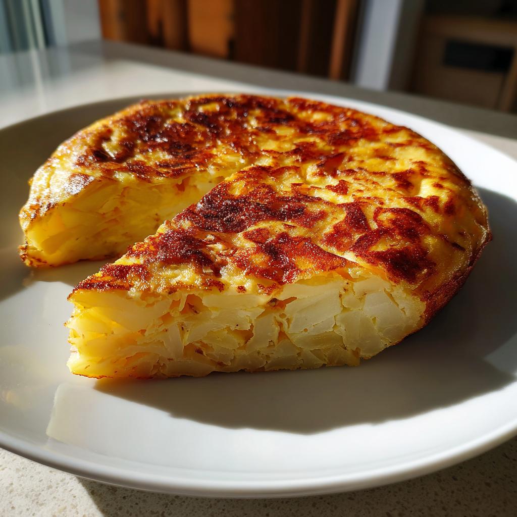 Tortilla de patatas receta tradicional con un trozo cortado mostrando su interior jugoso