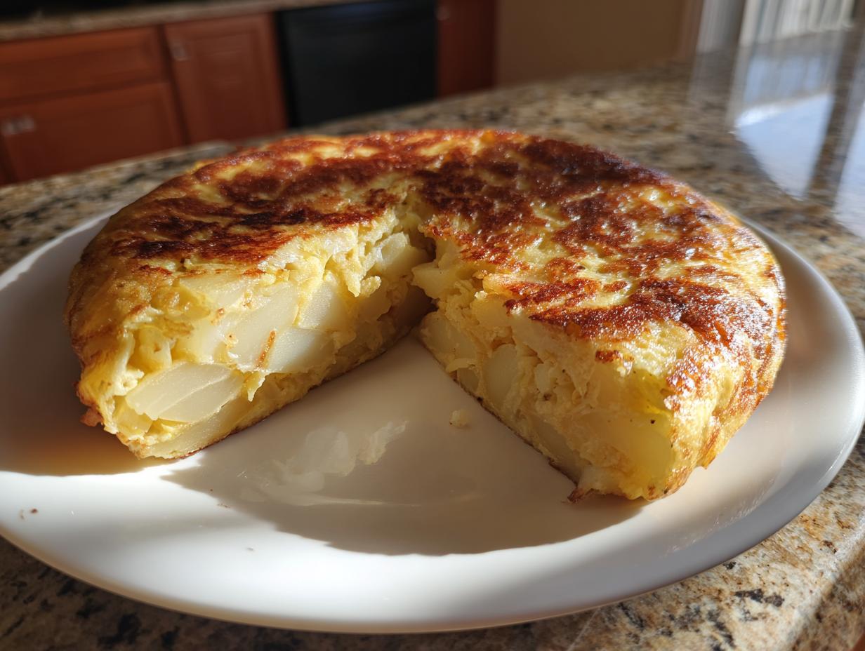 Tortilla de patatas receta tradicional con una porción cortada en un plato blanco