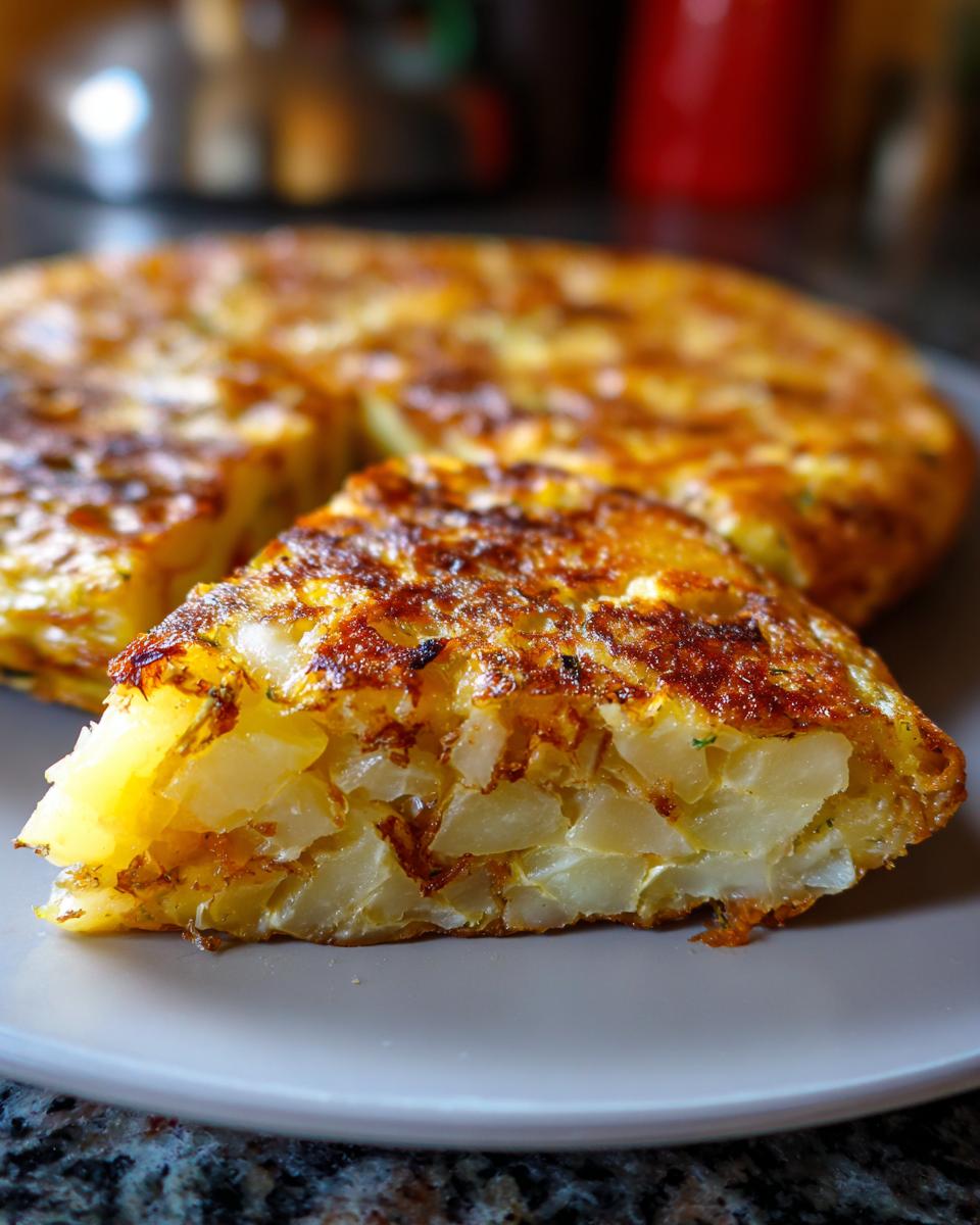 Porción de tortilla española con patatas doradas en un plato gris.