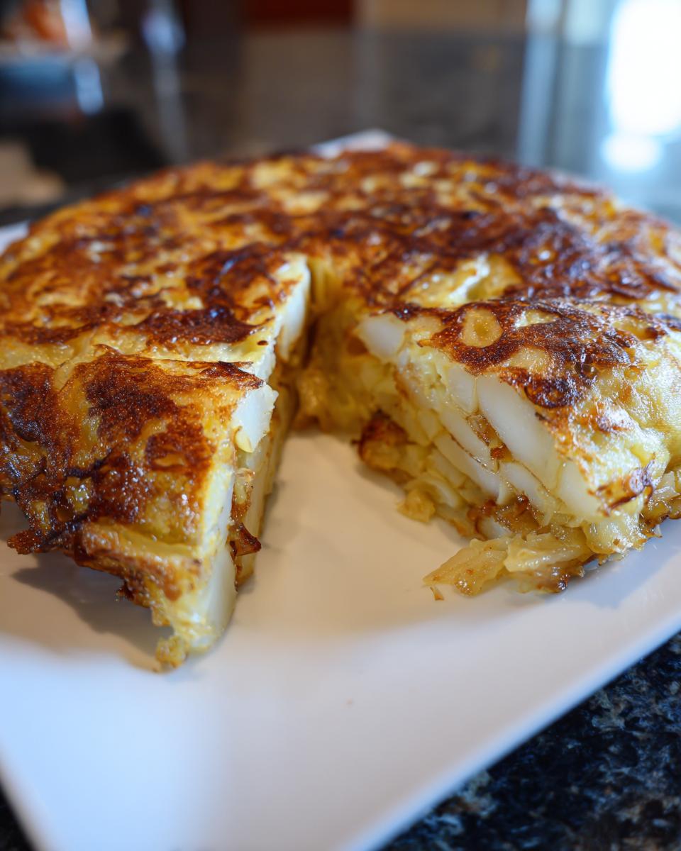 Tortilla española tradicional con patatas y cebolla en plato blanco, ideal para recetas de brunch de fin de semana